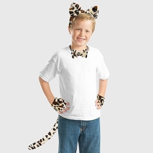 Detailed set of faux fur leopard ears headband, bowtie, paw gloves and plush tail for kids