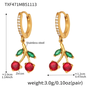 Détails des boucles d'oreilles cerises en acier inoxydable et zircon avec mesures précises