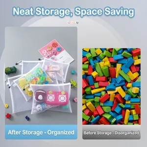 White mesh organizer bag showing clear before and after storage comparison for toys