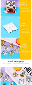 Detail of cute acrylic cat brooches featuring various cartoon designs with safety pin back