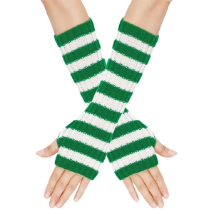 Detail showing green and white striped knit fingerless arm warmers on model hands