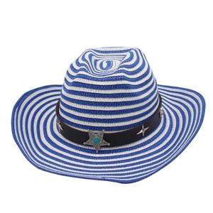 Blue and white striped woven straw fedora hat with star-studded leather band