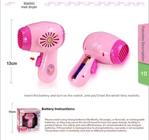 Pink toy hair dryer for kids play kitchen with realistic blowing function and dimensions