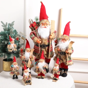 Santa Claus Figurine Christmas Ornament Knit Fabric Faux Fur Xmas Tree Standing Skiing Decor Nordic Style Holiday Props