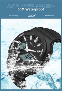 Black digital sports watch with 50M waterproof rating shown in splashing water scene