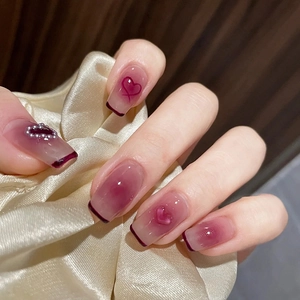 Press On Nails Short Square French Blush Pink Gradient Heart Pattern With Artificial Pearl Decor Artificial Fake Nails For Women