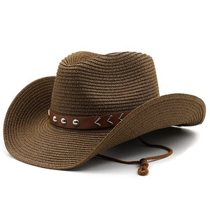 Brown straw cowboy hat with leather band and metal studs for women outdoor sun protection