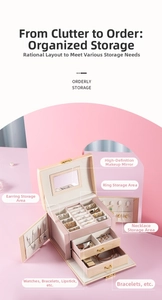 Three-layer pink jewelry box with mirror, rings slots and pull-out drawers storage