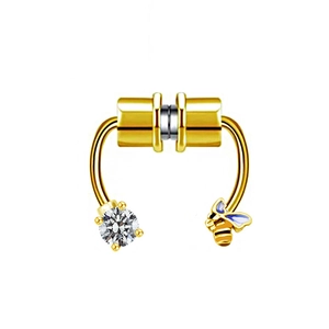 Detailed close-up of golden magnetic nose ring with blue butterfly and zircon stone