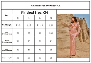 Detailed size chart for pink sequin long sleeve evening gown featuring V-neck measurements