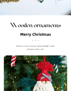 Handcrafted cotton and wood Christmas ornaments featuring Santa and candy cane designs