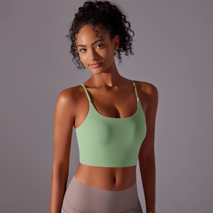 Morandi green yoga tank top with thin straps and a U-neckline for fitness wear