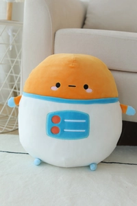 Close-up of cute orange astronaut potato plush pillow on a cozy white carpet