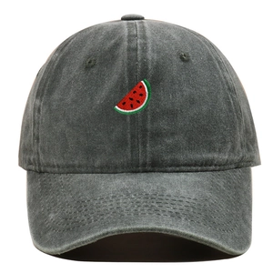 Close-up of watermelon embroidery on washed cotton grey vintage baseball cap detail