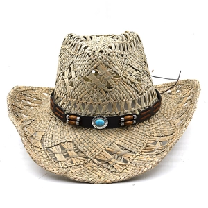 Chapeau de cowboy en paille naturelle tissé main avec lanière cuir et turquoise
