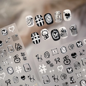 3D embossed nail art stickers with silver butterfly and clock designs for manicure