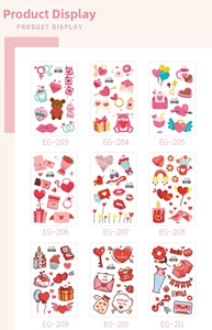 Macro display of nine Valentine glitter tattoo stickers with hearts and bears
