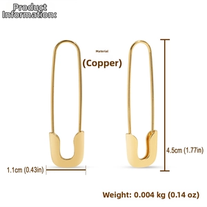 Detailed size specifications for creative golden safety pin earrings in polished copper