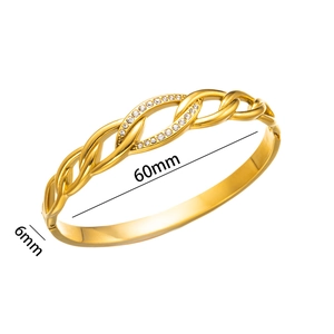 18K gold plated stainless steel twisted bangle with sparkling diamonds, 60mm diameter