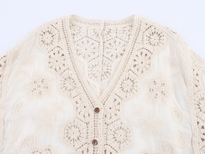 Detail of crochet knit cardigan showing floral patterns and brown wooden buttons