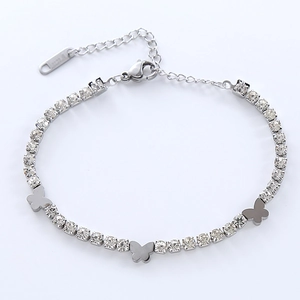 Sparkling S925 silver butterfly bracelet with clear rhinestones and adjustable clasp