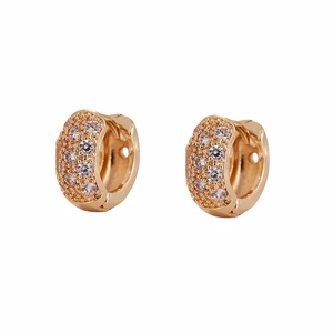 Detail shot of small gold huggie earrings with pave setting round cubic zirconia stones