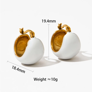 Detail showing dimensions of white enamel C-shaped chunky stainless steel earrings