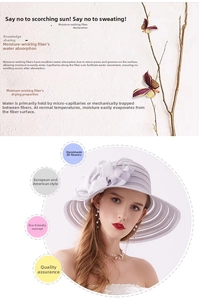 Detail of light grey wide brim sun hat featuring handmade 3D floral accents and breathable fabric