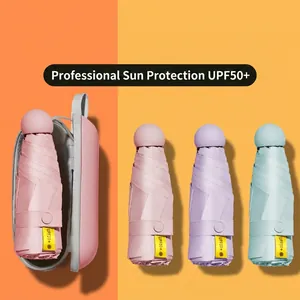 Portable five-fold capsule umbrella with UPF50+ protection in pink and mint colors