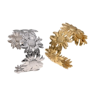 Polished stainless steel sunflower open cuff bracelets in gold and silver finish
