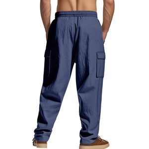 Rear view of blue cargo pants featuring deep pockets and breathable textured fabric