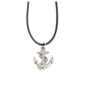 Minimalist silver stainless steel anchor pendant with rope detail on black cord necklace
