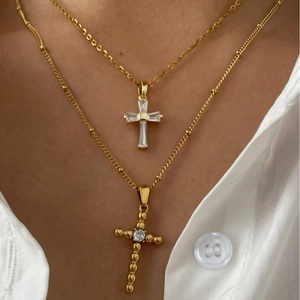 Layered gold titanium steel cross necklaces with zircon stones for a modern feminine style