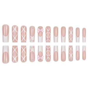 Faux ongles ballerine longs roses avec nœuds 3D, fleurs et motifs à carreaux