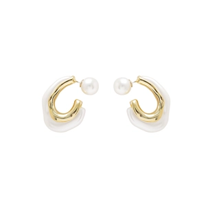 Elegant C-shaped earrings with gold metal and white fluid resin design plus pearl studs