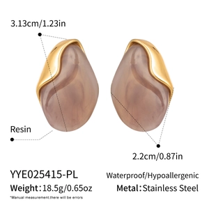 Detail view of pink resin and gold stainless steel chunky earrings with size specs