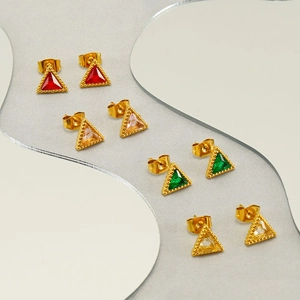 Golden triangle zircon stud earrings set with red, pink, green, and yellow gemstones