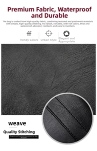 Close-up of waterproof black litchi grain leather texture and high-quality stitching