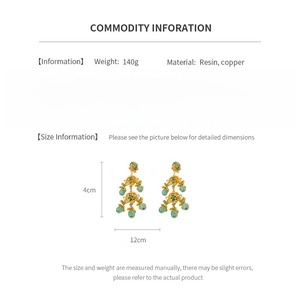Detailed technical info chart showing resin and copper floral vintage earrings with dimensions