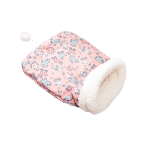 Pink printed pet sleeping bag with white fleece lining and decorative pompoms