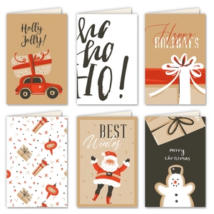 Set of 6 Christmas greeting cards with festive illustrations like Santa and a red truck
