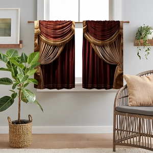 Luxurious burgundy and gold kitchen short curtain with elegant tassels and 3D print