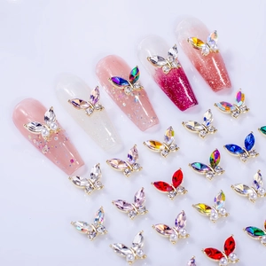 3D butterfly nail charms with alloy base and colorful rhinestones for DIY manicure