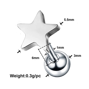 Star-shaped stainless steel cartilage piercing stud with screw ball back and dimensions