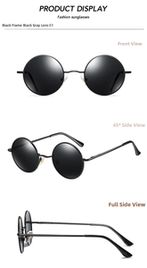 Three perspectives of retro round black metal polarized sunglasses with grey lenses