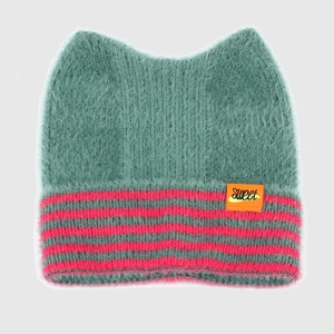 Bonnet en maille vert à oreilles de chat pour femme avec rayures et patch Sweet