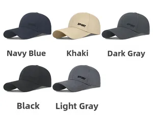 Detail view of multi-color cotton sports baseball caps with 'SPORT' embroidery