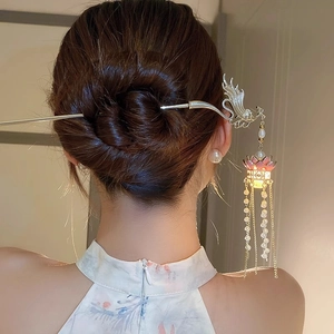 Pic à cheveux phénix classique avec pendentif lanterne rose et glands de perles