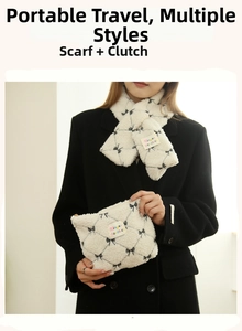 Lambswool scarf and pouch set with black bow patterns and colorful letter patches
