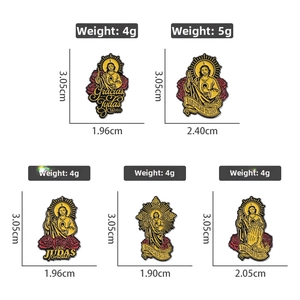 Detailed size and weight specs for various San Judas Tadeo metal enamel pins